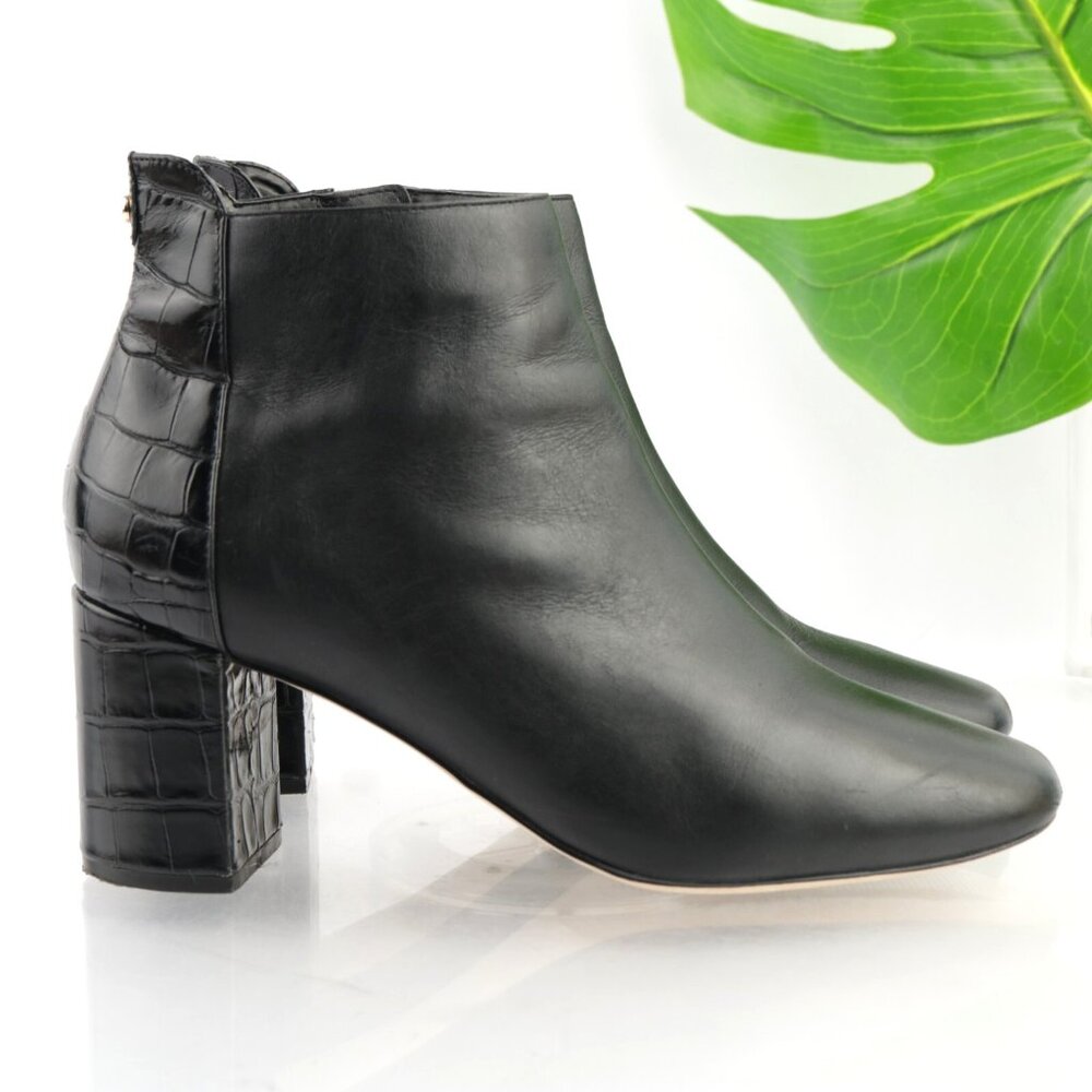 Cole Haan Womens Nella Boots Size 9.5 Black Leather Croc Block Heel Zip Booties